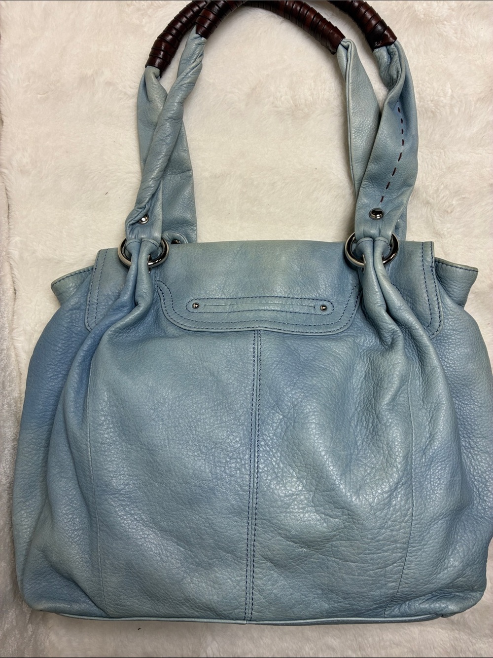 b. makowsky Light Blue Leather Shoulder Tote with Dark Wood-Wrapped Handles - Picture 2 of 9